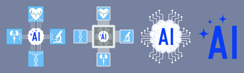 Set of illustrations about artificial intelligence, the use of artificial intelligence in the field of medicine