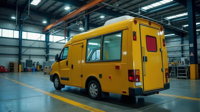 A bright yellow van parked in a spacious industrial garage, showcasing modern design and practical features.