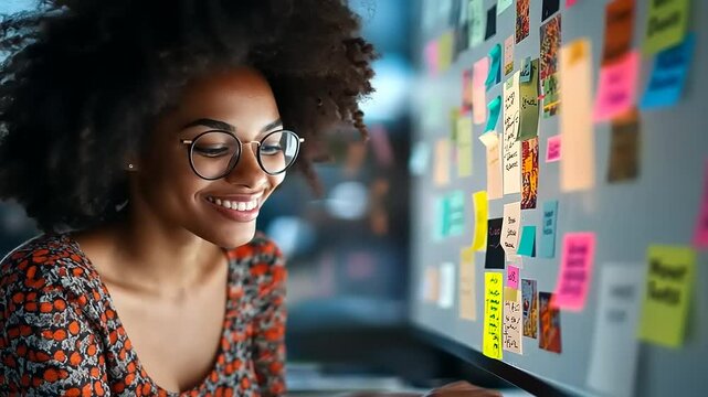 Young woman smiling while working on a computer surrounded by colorful sticky notes in an office