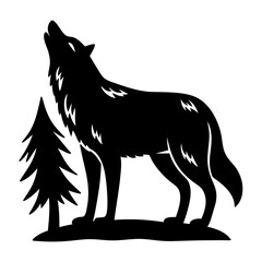 Majestic Wolf Howling at the Moon in a Pine Forest Silhouette Illustration