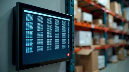 A digital screen mounted in a warehouse, showcasing an organized environment filled with boxes.