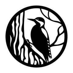 Elegant Woodpecker in Circular Tree Branch Design Black and White Illustration