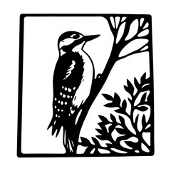 A Woodpecker Perched on a Branch in a Square Frame Black and White Illustration