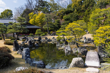 Peaceful Japanese garden with manicured greenery, stone lanterns, and tranquil water elements