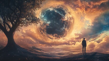 Obraz premium Silhouetted Figure Gazing at a Cosmic Portal in a Dreamlike Orange Sky Landscape