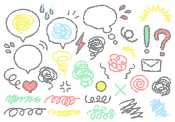 吹き出しや装飾素材の手描き風カラーイラストのセット