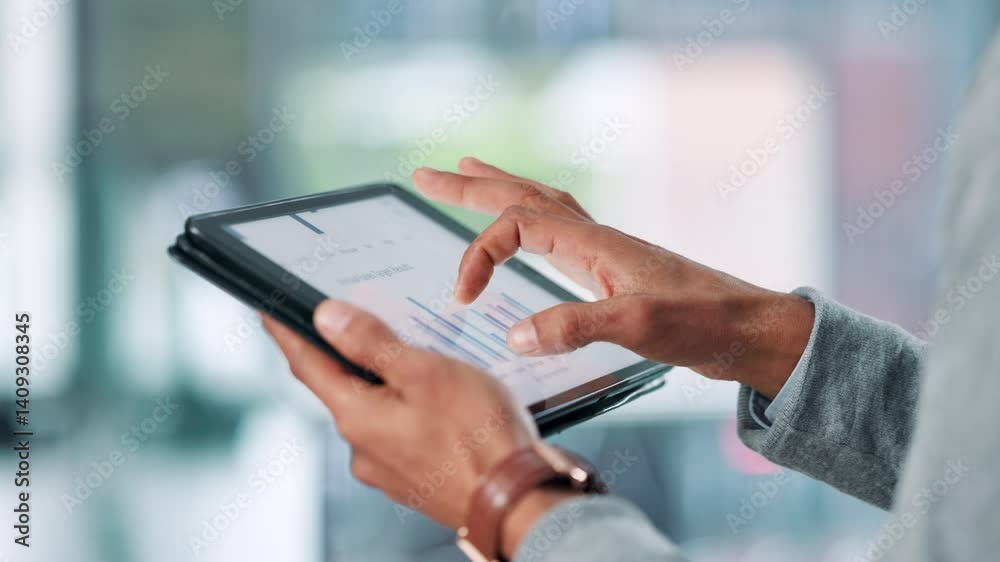 Poster financial charts, tablet screen and man with hands, typing and connection with profit growth. person