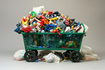 Overflowing plastic toy cart overflowing with discarded children's plastic toys.