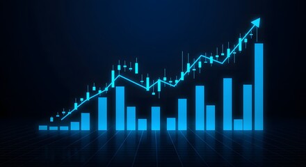 Glowing Blue Bar Chart and Line Graph Showing Strong Upward Trend