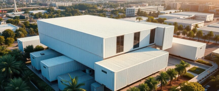 Sleek white shipping container building, modern architecture, aerial view, background, structure