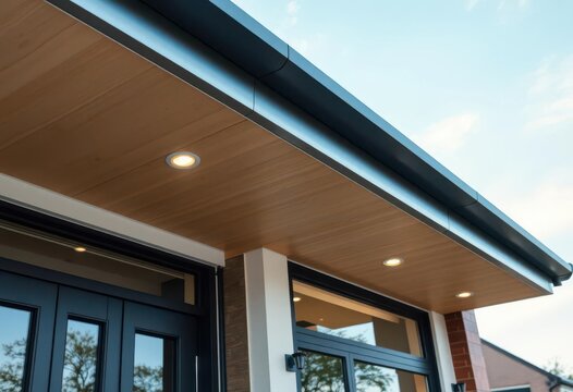 Sleek UPVC soffit cladding, wood finish, recessed lighting Modern home exterior, lighting, home