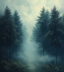 Obraz premium Misty Aerial View of a Serene Fir Forest at Sunrise with Glowing Sunlight and Fog in a Dreamy Landscape