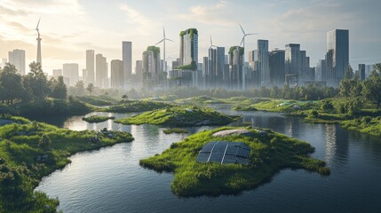 Obraz premium Sustainable city landscape with islands and renewable energy, urban renewal