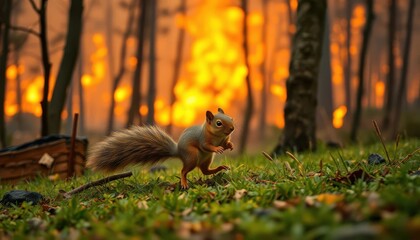 Small squirrel fleeing wildfire, smoke-filled forest, desperate escape, paws, emergency