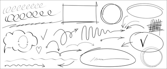 Set of Scrawls, highlights, hand drawn arrows, grunge lines, crayon scribbles, rough brush charcoal pen strokes, text underline strokes and emphasis marks. Sketches of ellipse, rectangle, oval, mark