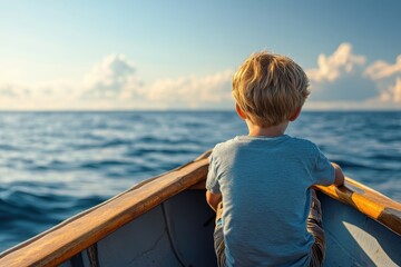 Fototapeta premium Boat Travel. Caucasian Elementary Boy Kneeling on the Back of Boat, Looking at Sea