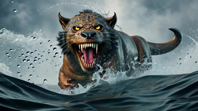 A beast that comes from the water with leopards head Biblical Revelation prophecies 4K