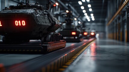 Military vehicles on conveyor in factory hangar