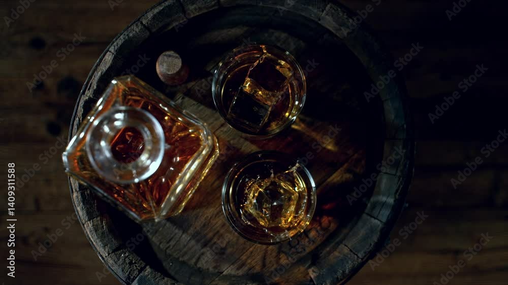 Poster super slow motion of ice cube falling into glass of whiskey with camera motion. overhead view. filme