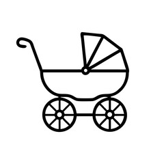 Minimalistic black outline vector icon of a baby stroller. Simple and modern design
