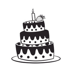 Black and White Birthday Cake Illustration with Candle and Strawberry Topper. cake, birthday, dessert, sweet, icing, candle, party, celebration, layer, strawberry