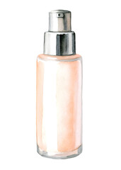 Watercolor style foundation bottle with silver pump on a transparent background.