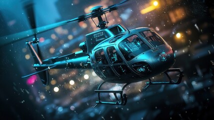Night Helicopter Flight over Cityscape