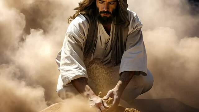 Jesus Christ in act of Creation creating all things including man from the dust of the earth 4K