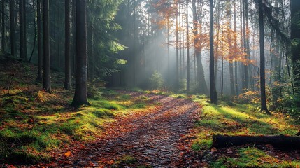 Obraz premium Sunlight Filtering Through Forest Canopy onto Leaf Covered Path in Autumn