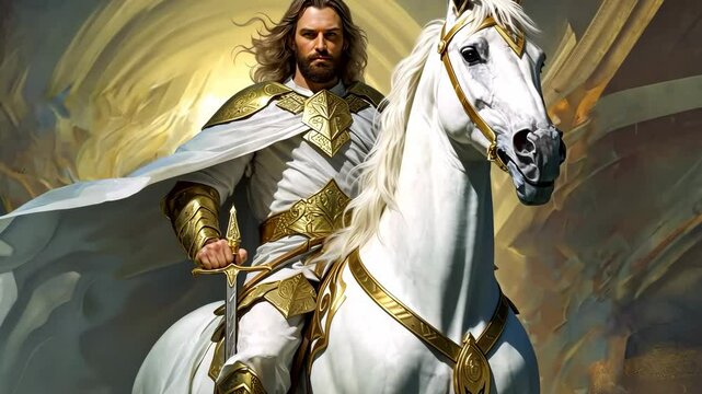 Jesus Christ with the name of Michael sitting on a white horse the Victory over the forces of evil 4K