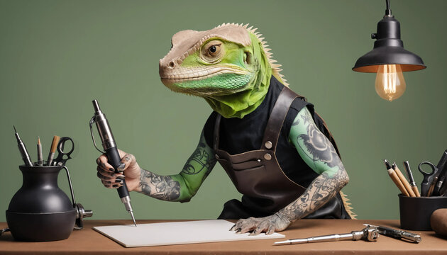 Lizard as a Tattoo Artist Animal: A cool-looking lizard in a black tee, leather apron, and arm tattoos