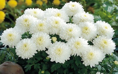 Obraz premium Blossoming Bush Abundant White Chrysanthemums with Vibrant Green Leaves Detail