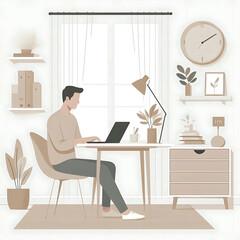 Flat vector of a man working on a laptop in a minimalist home office setup, clean white background, neutral tones, Scandinavian-style decor