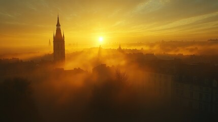 Fototapeta premium A historic city skyline under soft light, blending past and present in a serene urban vista.