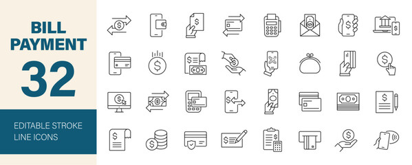 Bill Payment icon set. Finance related line icons: money, receipt, invoice, document, atm, cash, coins in hand, credit card, wallet and more. Editable stroke. Vector illustration.