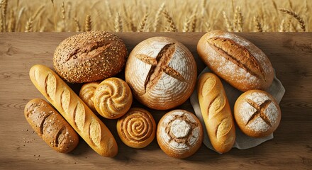 Freshly Baked Bread Variety on Wooden Table with Wheat Field Background