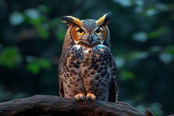 Great horned owl perched on a branch, bathed in twilight.