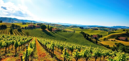 Fototapeta premium Tranquil Tuscan vineyard landscape, rolling hills, sun-drenched villas, watercolor style, background, beauty