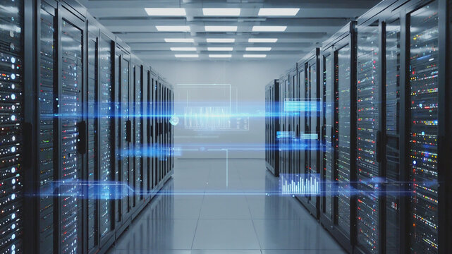 Server room with modern equipment and digital graphic overlay visual