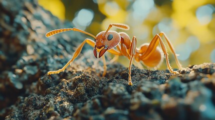 Fototapeta premium Ant crawls on rough bark, green foliage background. Use nature, wildlife studies