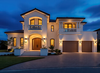 luxury two-story house with warm lighting at dusk
