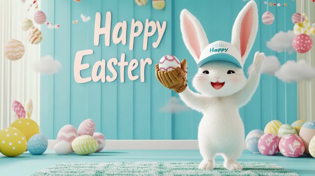 A rabbit wearing a baseball cap and glove, about to catch an egg-shaped baseball, "Happy Easter" in soft script floating in the clouds 