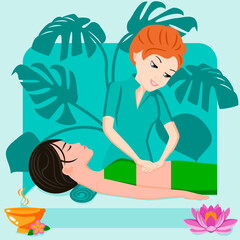 Abdominal massage. Therapy and treatment by professional therapist in SPA. Isolated flat vector illustration. European and Asian ethnicity.