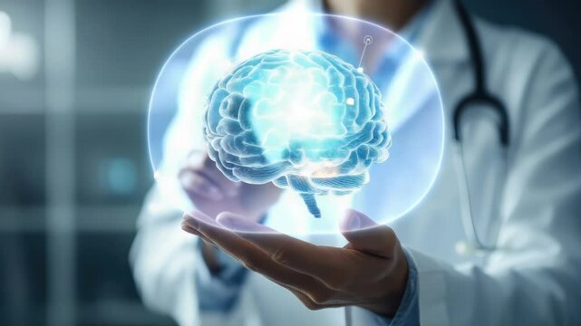 Female doctor examining a 3D holographic brain model, AI-driven cognitive research, neural interface, advanced medical innovation, and neurotechnology in modern healthcare
