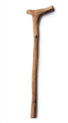 Rustic Wooden Walking Stick on White Background Isolated Aged Wood Grain Texture Antique Support Aid