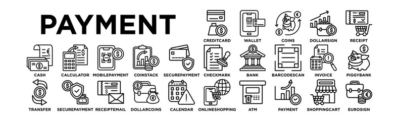payment. eps icon set. Editable Stroke Icon Collection. Credit Card, Wallet, Coins, Dollar Sign, Receipt