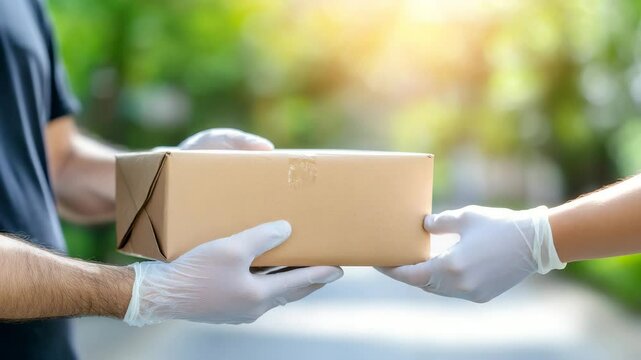 Delivery Person in Gloves Holding a Brown Cardboard Package Outdoors with Green Foliage and Sunlight