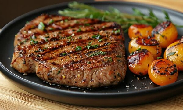 Grilled steak with roasted cherry tomatoes.