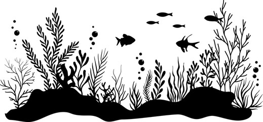 Undersea or aquarium landscape silhouette.  Underwater plants, corals and reef wildlife scene. Vector illustration with deep marine inhabitants. Black vector border.