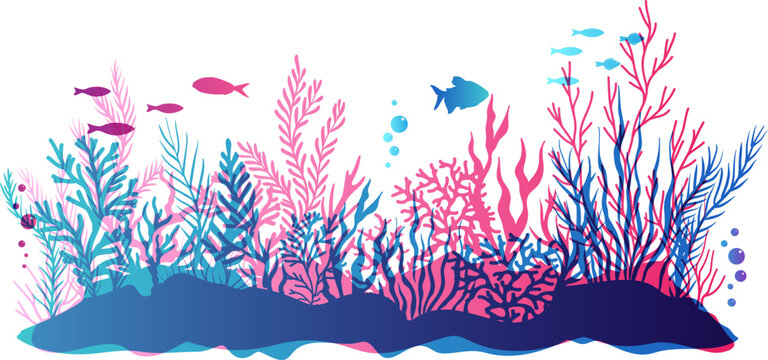 Undersea or aquarium colorful landscape scene.  Underwater plants, corals and reef wildlife. Vector illustration with deep marine inhabitants in overlay style.